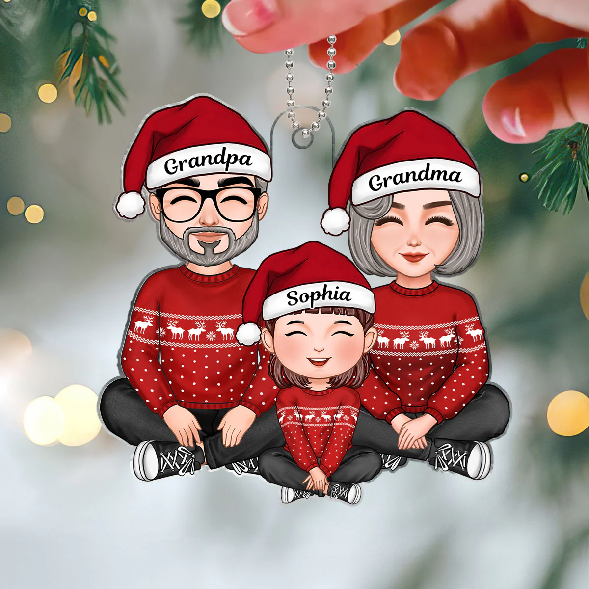 Cute Grandma Grandpa & Grandkid Sitting Crossed Legs Christmas Gift Personalized Acrylic Ornament - Image 3