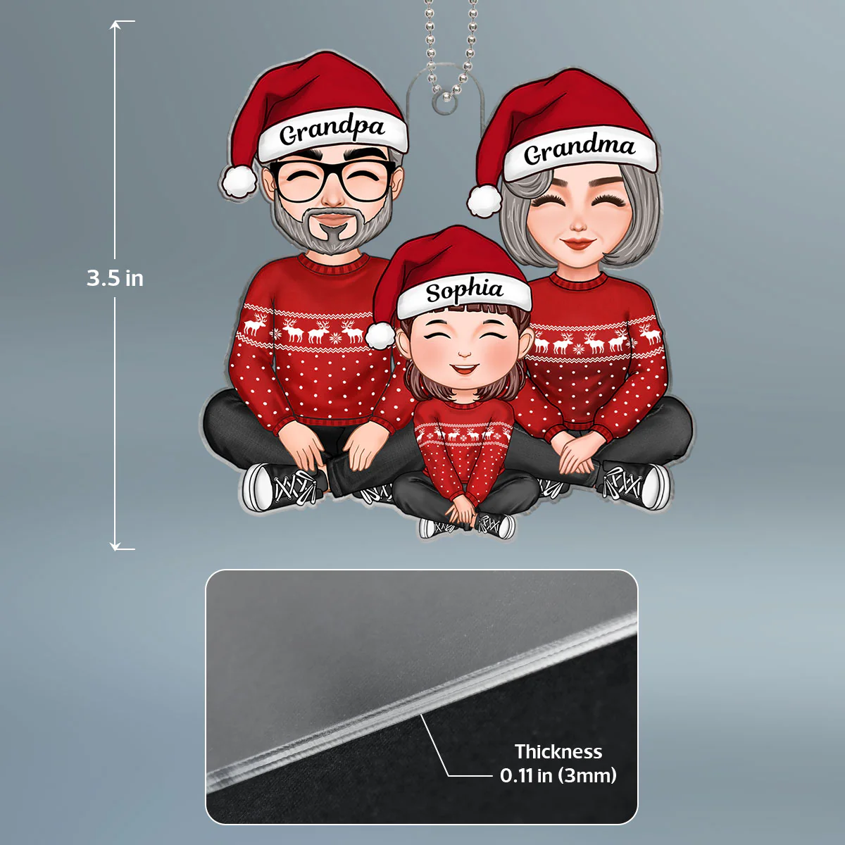 Cute Grandma Grandpa & Grandkid Sitting Crossed Legs Christmas Gift Personalized Acrylic Ornament - Image 4