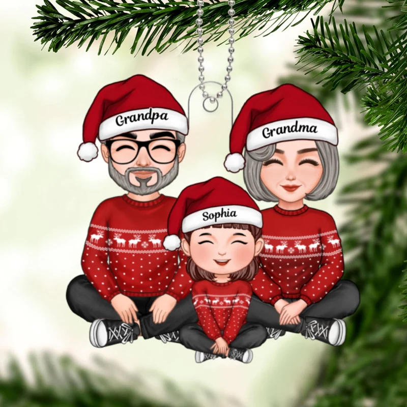 Cute Grandma Grandpa & Grandkid Sitting Crossed Legs Christmas Gift Personalized Acrylic Ornament - Image 5
