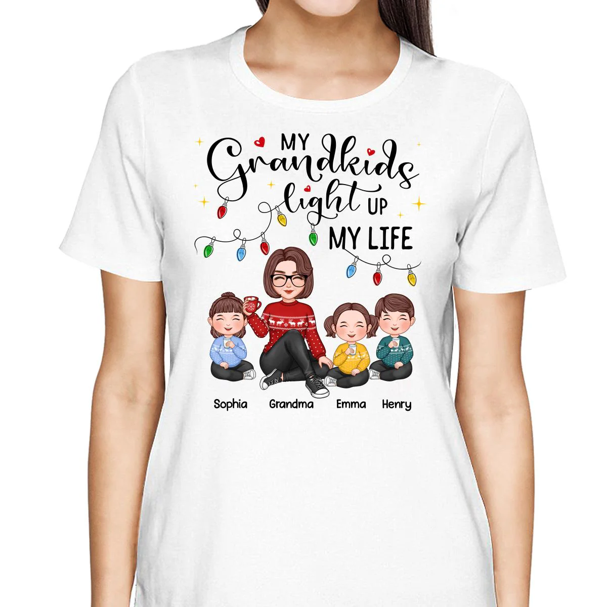 Cute Grandma My Grandkids Light Up My Life Christmas Personalized Shirt - Image 2