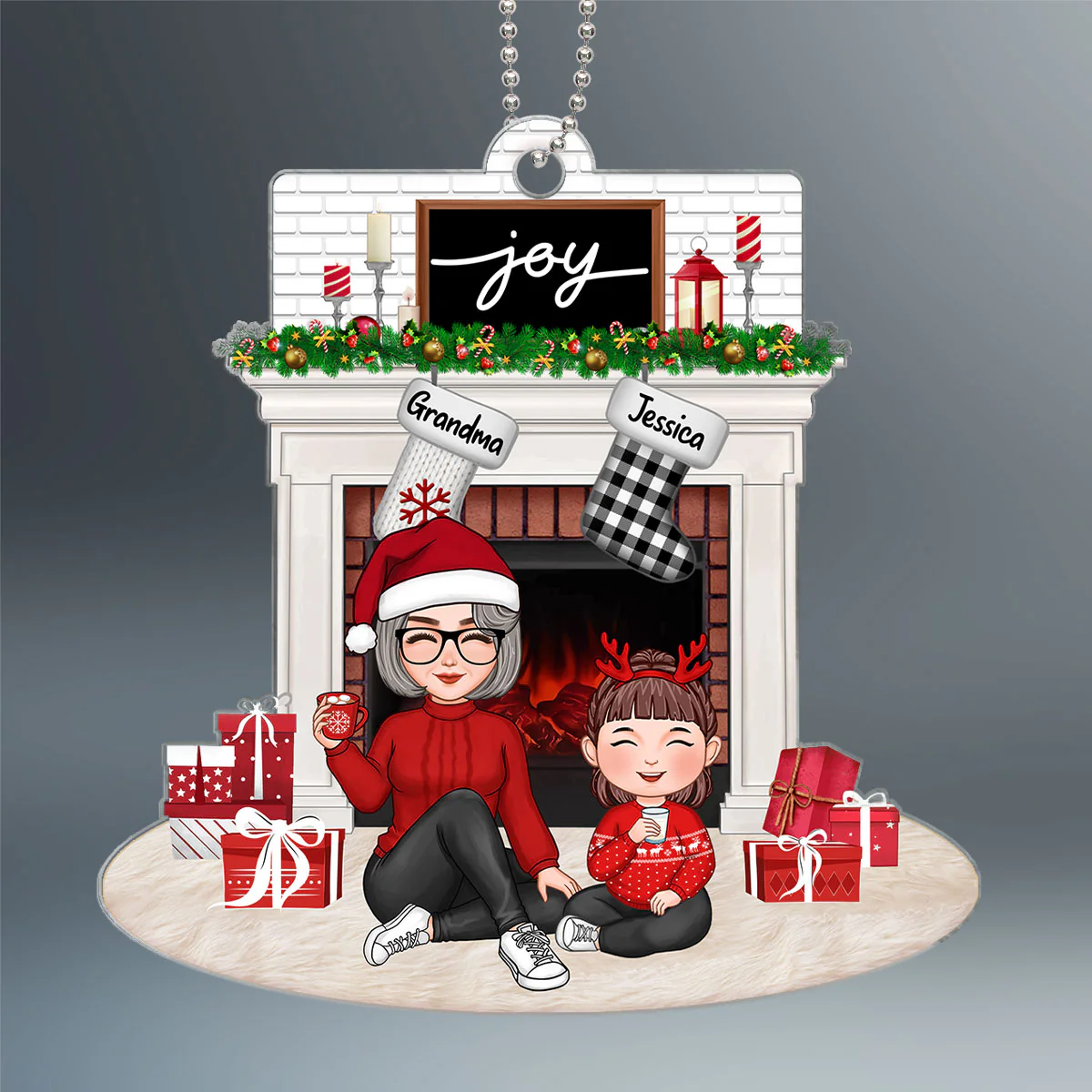 Cute Grandpa Grandma Grandkid Sitting At Christmas Fireplace Personalized Acrylic Ornament - Image 2