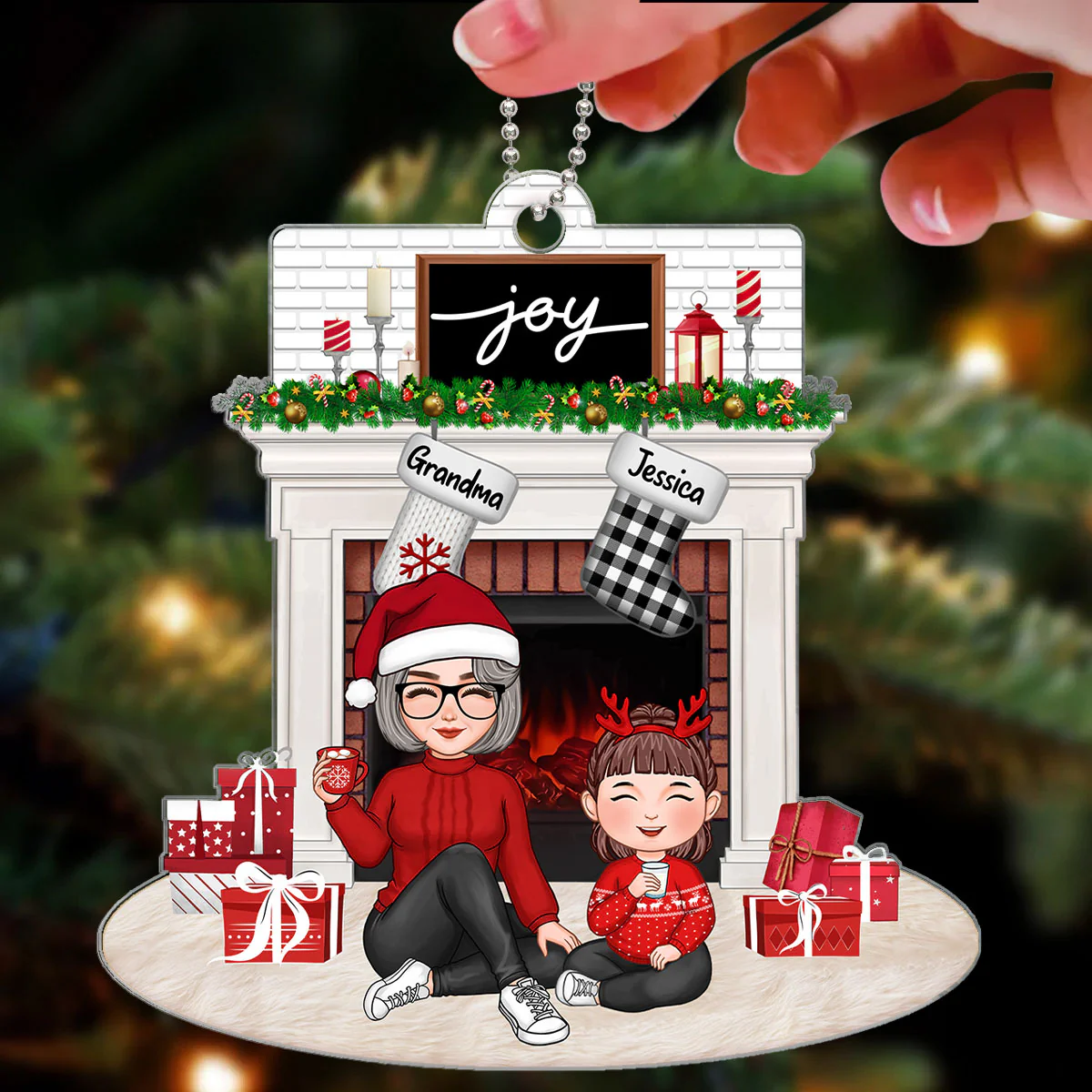 Cute Grandpa Grandma Grandkid Sitting At Christmas Fireplace Personalized Acrylic Ornament - Image 3