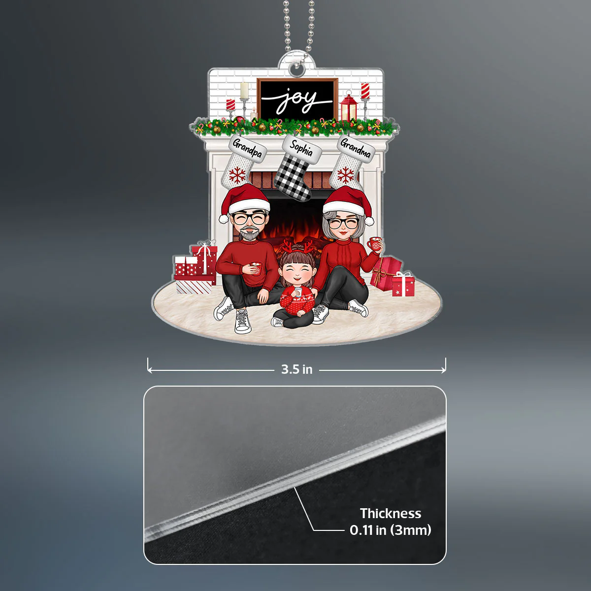 Cute Grandpa Grandma Grandkid Sitting At Christmas Fireplace Personalized Acrylic Ornament - Image 4