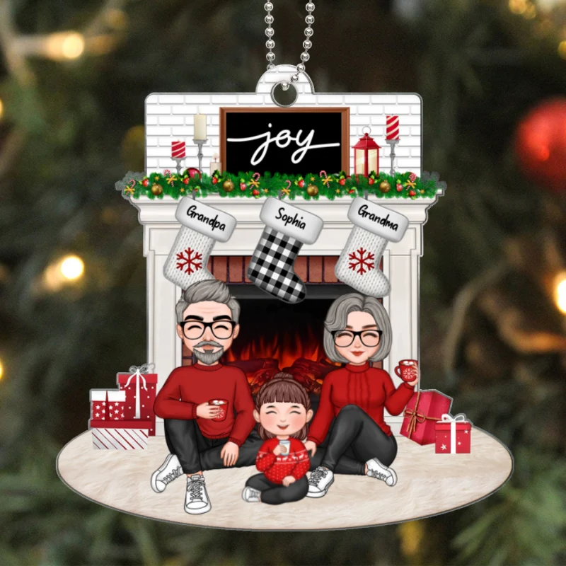 Cute Grandpa Grandma Grandkid Sitting At Christmas Fireplace Personalized Acrylic Ornament - Image 5