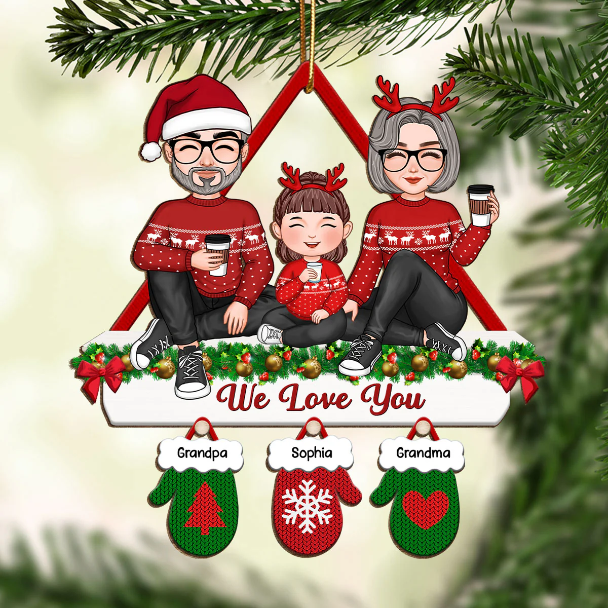 Cute Grandpa Grandma Grandparents & Kid Fireplace Mantel Gloves Christmas Gift For Grandchildren Personalized Wooden Ornament - Image 2
