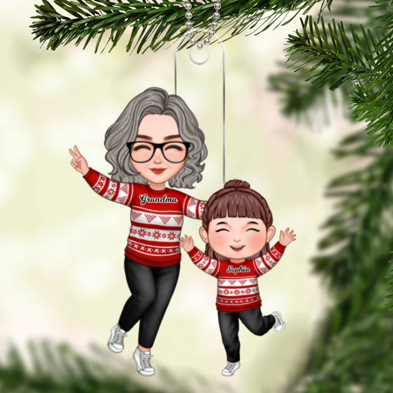 Cute Happy Grandma & Grandkid Christmas Gift For Granddaughter Grandson Personalized Acrylic Ornament - Image 5