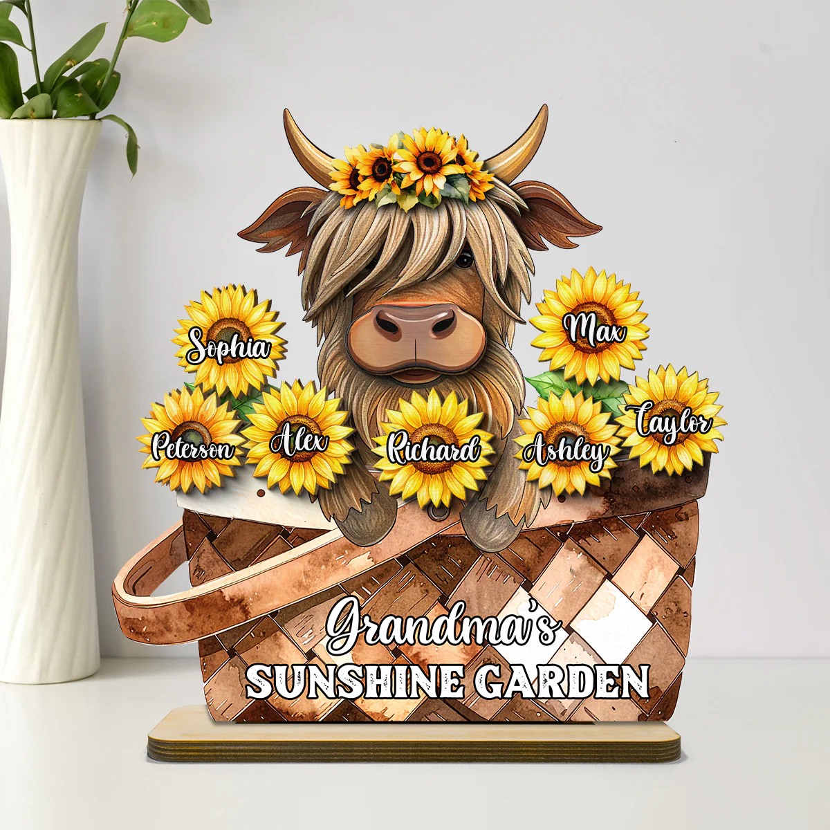 Cute Highland Cow Sunflower with Grandkids’ Names Sunny Vibe Personalized 2-Layer Standing Wooden Plaque