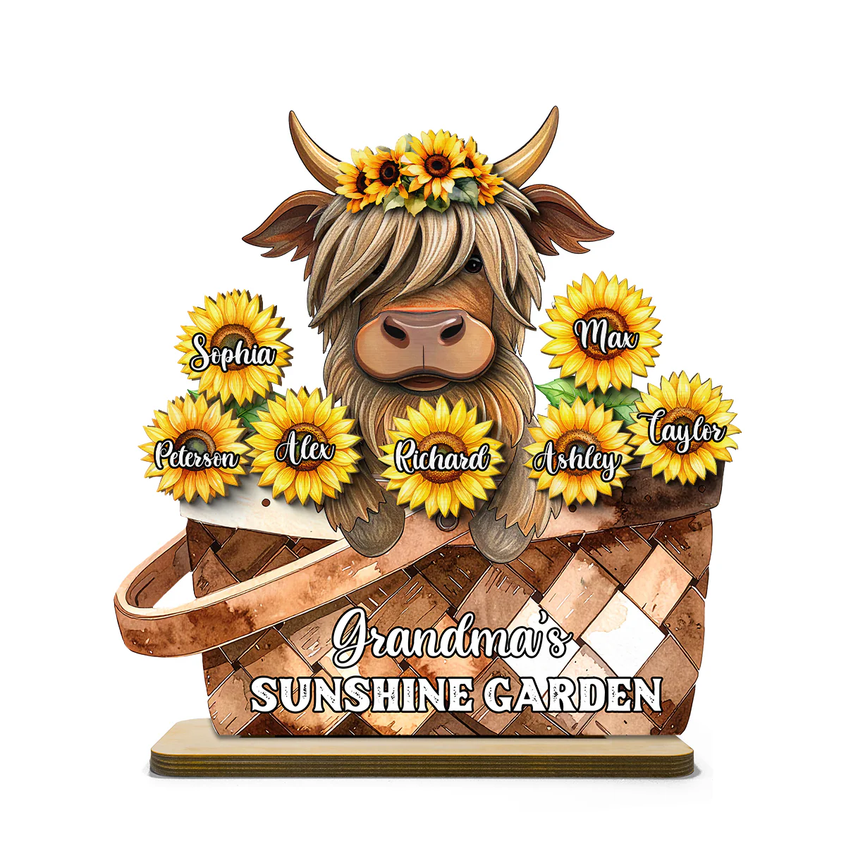Cute Highland Cow Sunflower with Grandkids’ Names Sunny Vibe Personalized 2-Layer Standing Wooden Plaque - Image 2