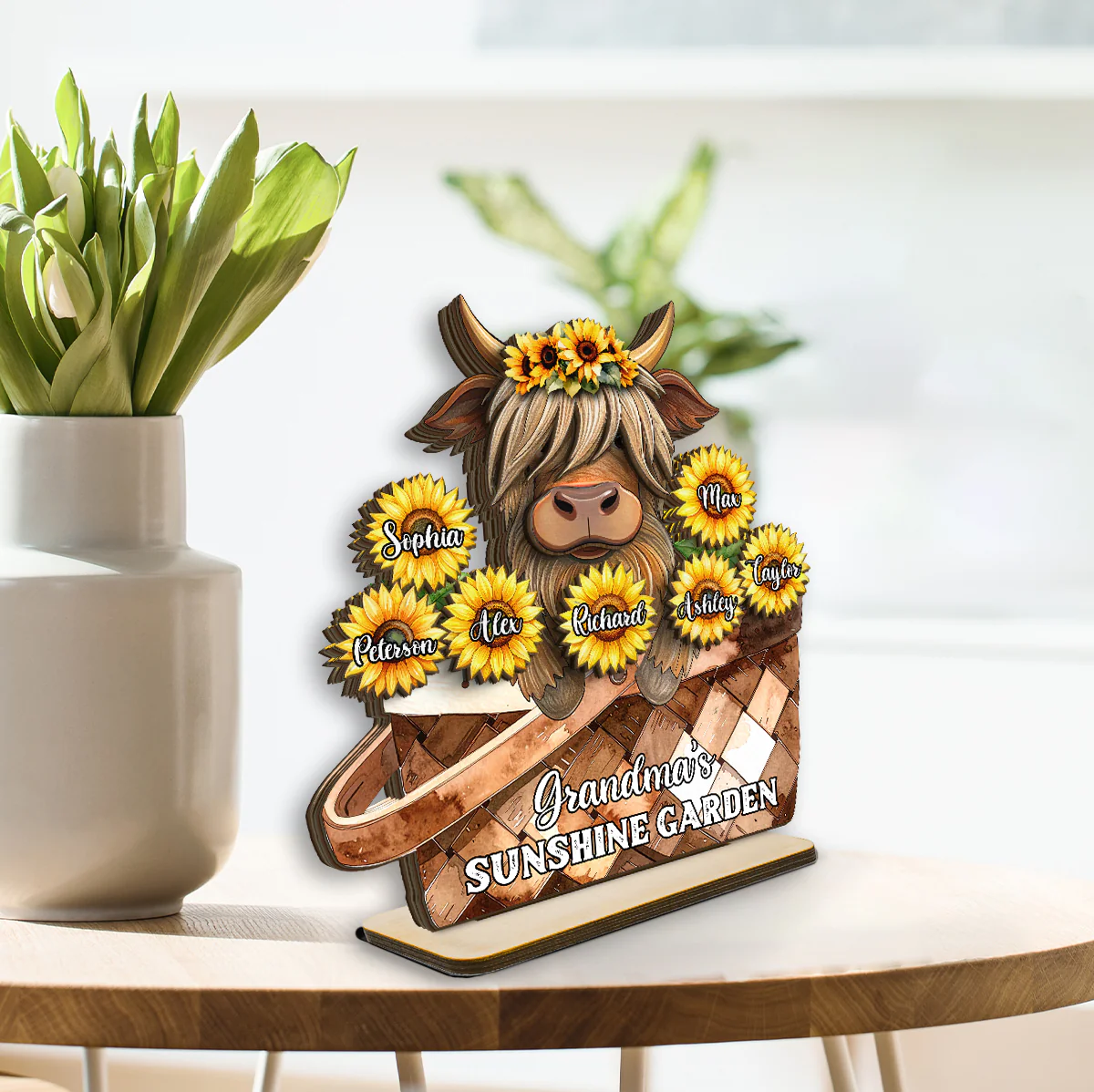 Cute Highland Cow Sunflower with Grandkids’ Names Sunny Vibe Personalized 2-Layer Standing Wooden Plaque - Image 3