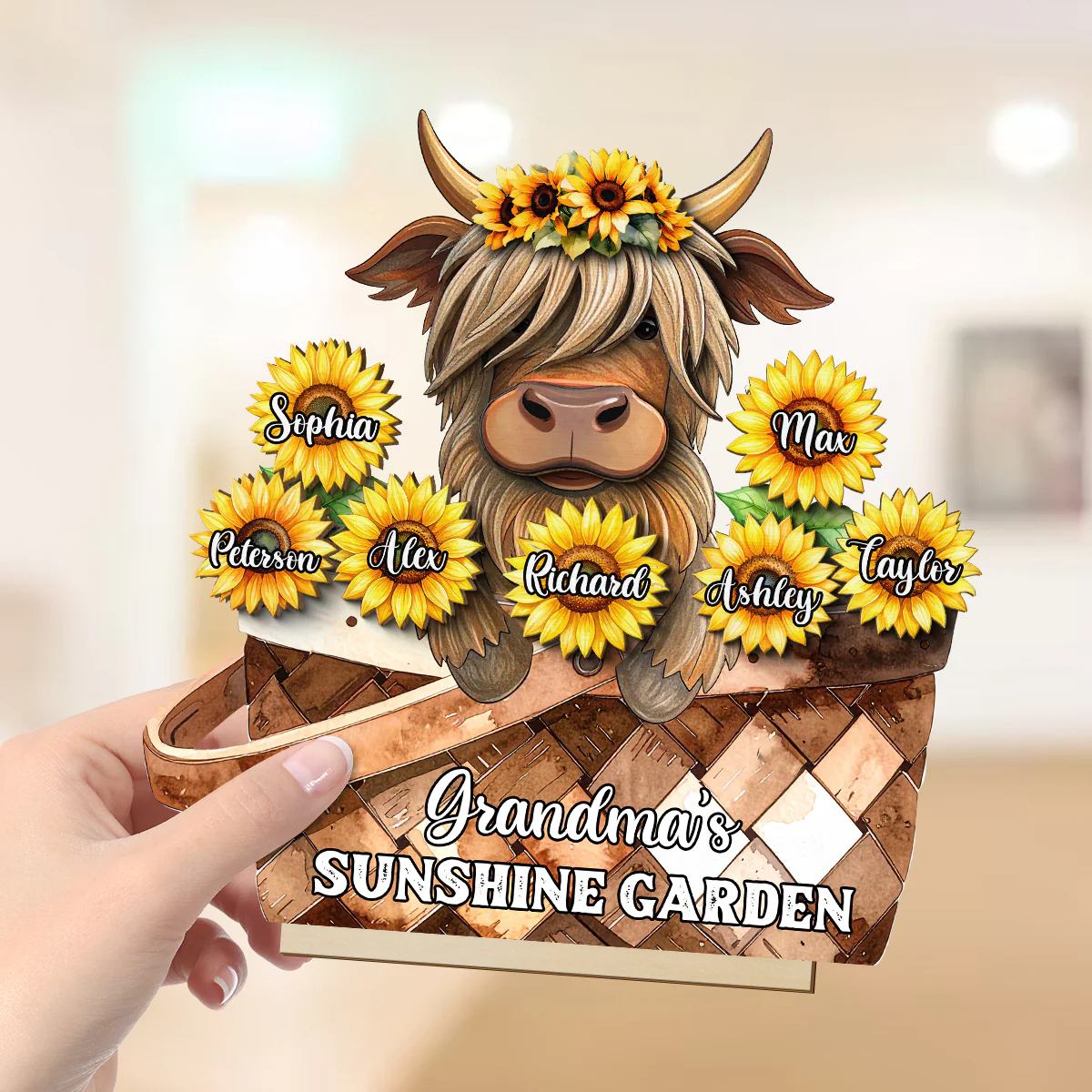 Cute Highland Cow Sunflower with Grandkids’ Names Sunny Vibe Personalized 2-Layer Standing Wooden Plaque - Image 4