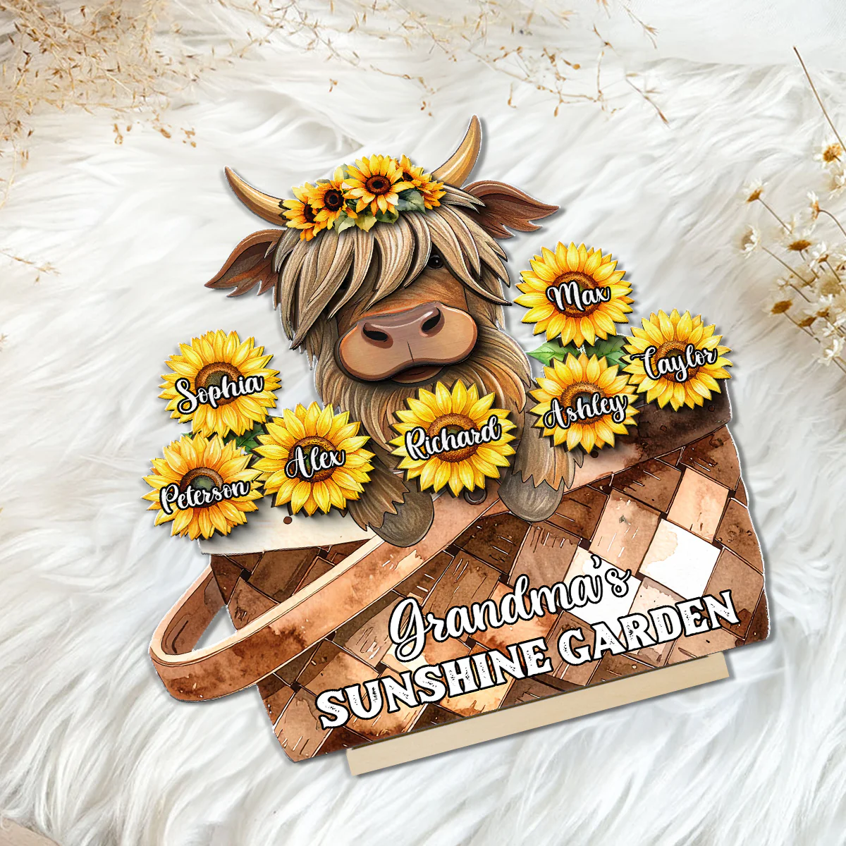 Cute Highland Cow Sunflower with Grandkids’ Names Sunny Vibe Personalized 2-Layer Standing Wooden Plaque - Image 5