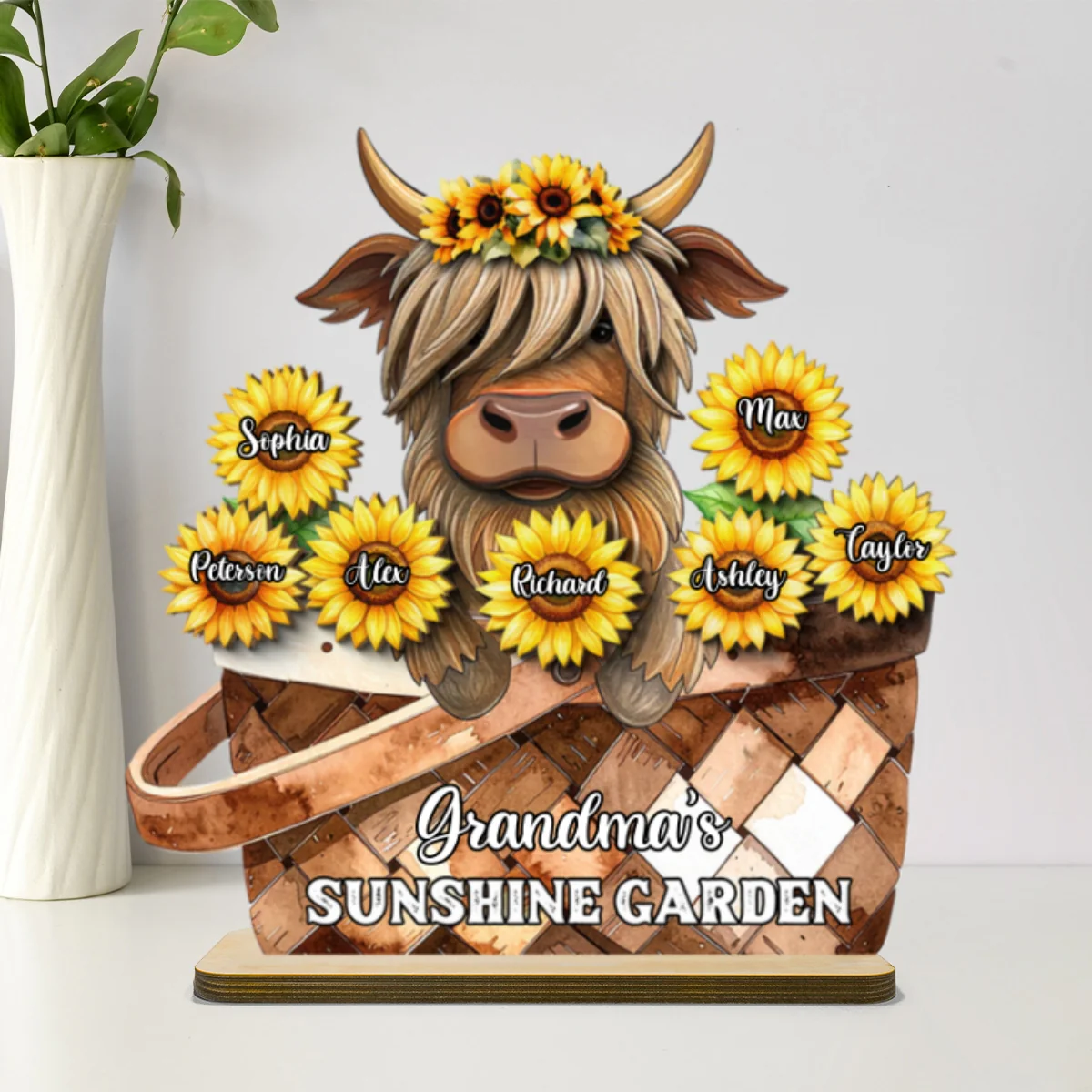 Cute Highland Cow Sunflower with Grandkids’ Names Sunny Vibe Personalized 2-Layer Standing Wooden Plaque - Image 8