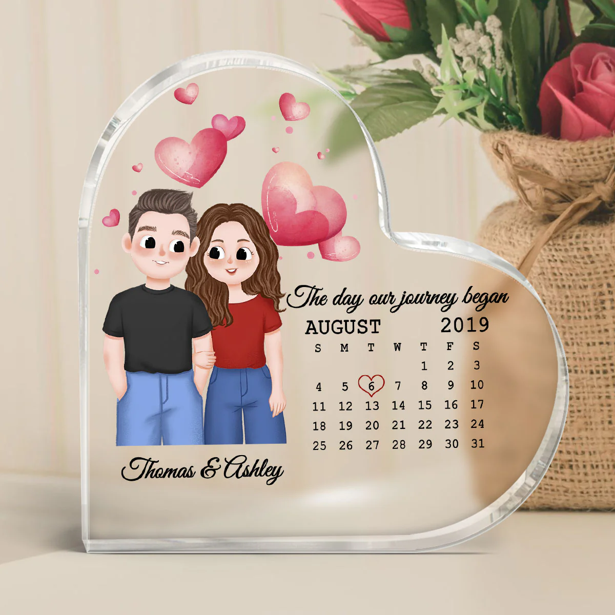 Cute Illustration Couple Calendar Anniversary Date Gift For Him For Her Personalized Acrylic Heart Plaque