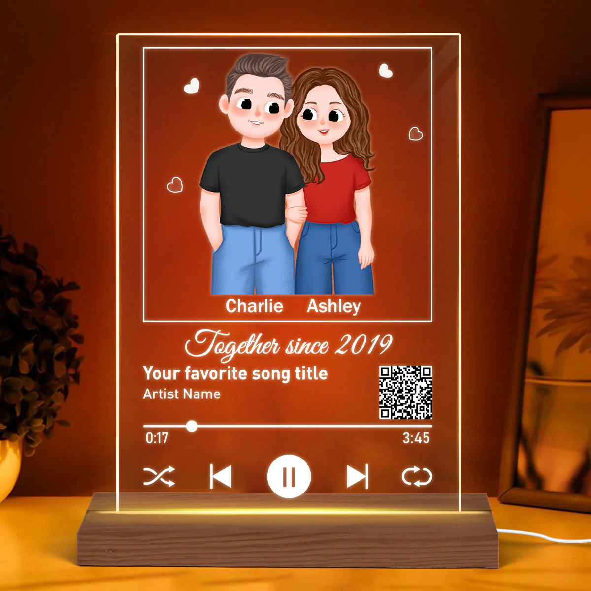 Cute Illustration Couple Favorite Song Scannable QR Code Personalized Rectangle Acrylic Plaque LED Night Light - Image 3