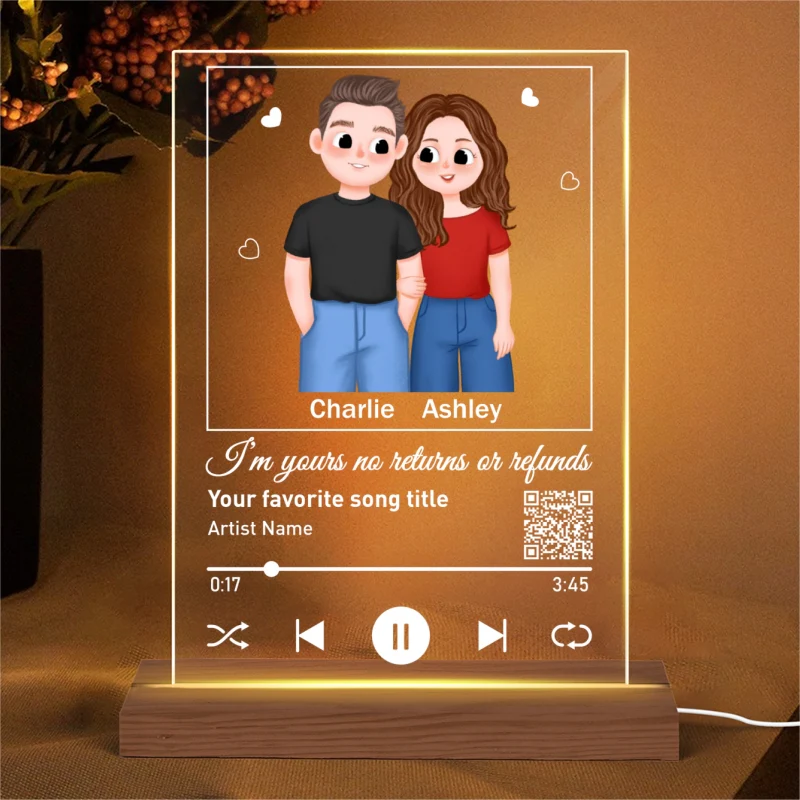 Cute Illustration Couple Favorite Song Scannable QR Code Personalized Rectangle Acrylic Plaque LED Night Light - Image 4