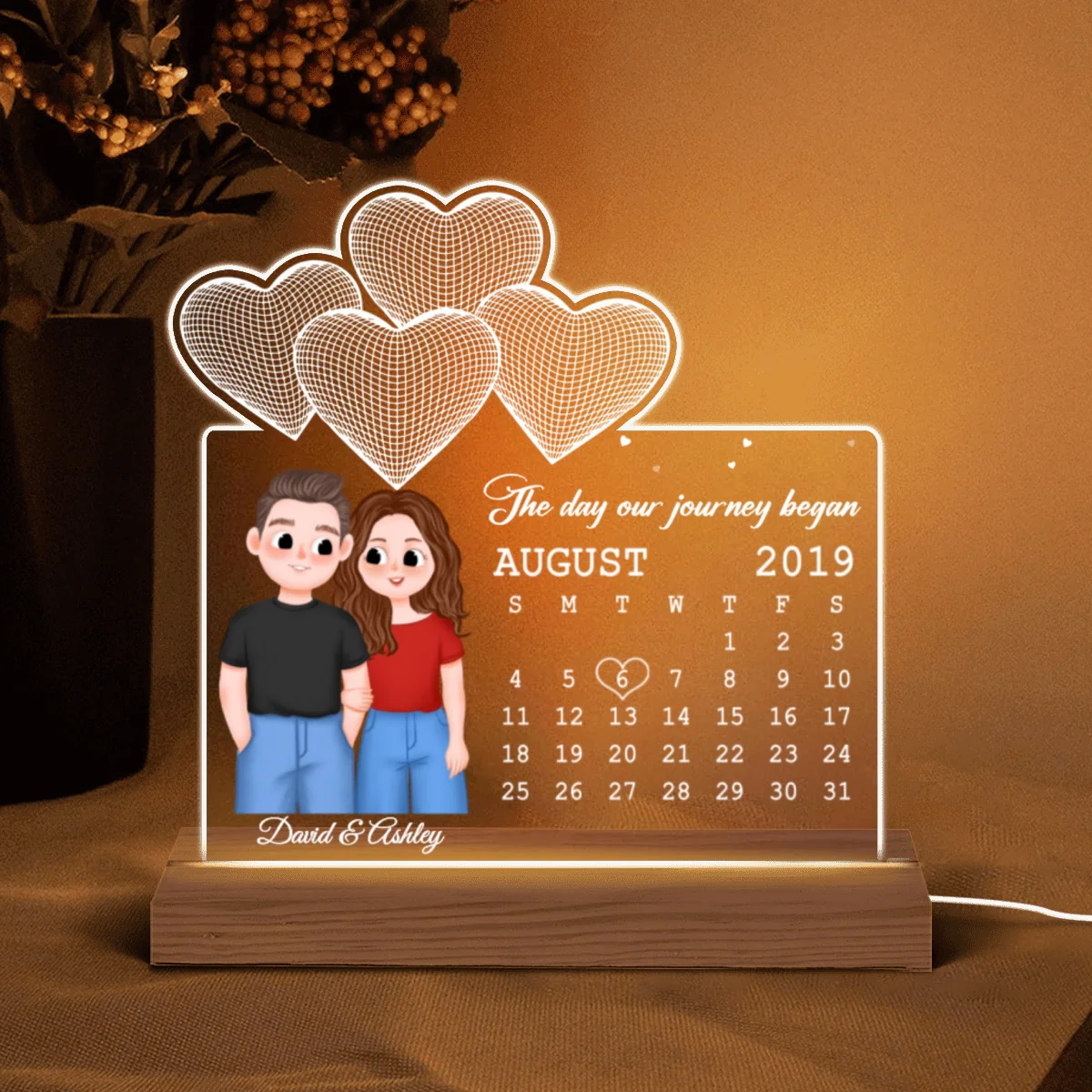 Cute Illustration Couple Under 3D Heart Calendar Anniversary Date Personalized Custom Shape Acrylic Plaque LED Night Light - Image 5