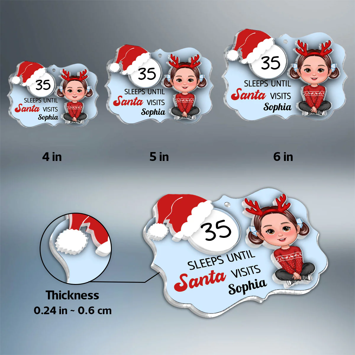 Cute Kid Countdown Sleeps Until Santa Visits Christmas Personalized 2-Layer Acrylic Ornament - Image 9
