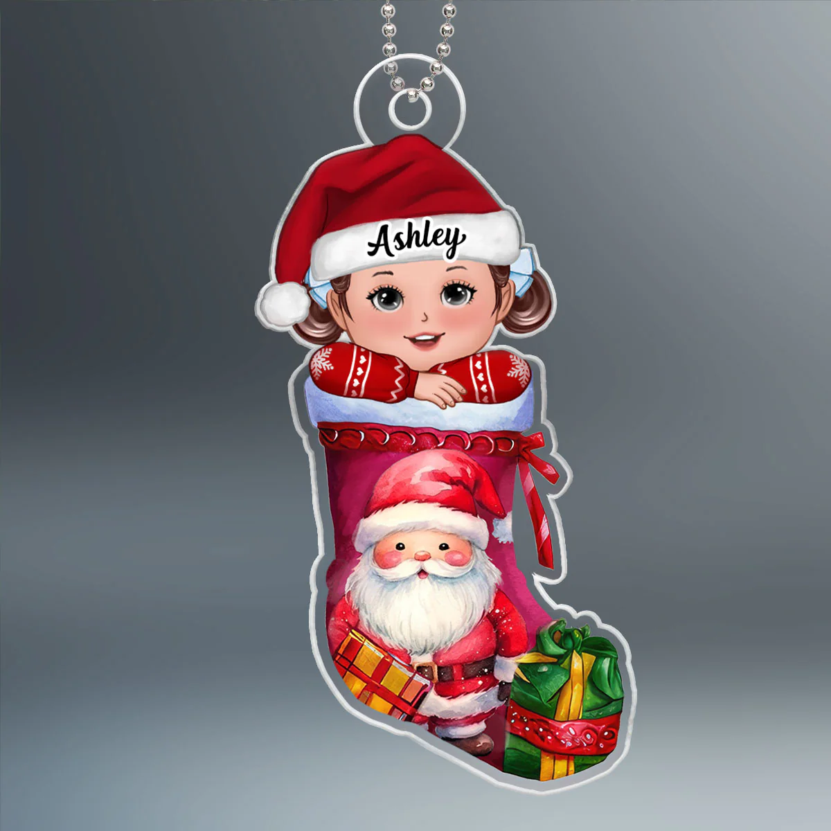 Cute Kid In Christmas Stocking Personalized Acrylic Ornament, Gift For Son, Daughter, Grandson, Granddaughter, Grandchildren - Image 2