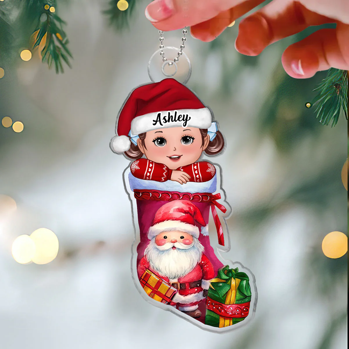 Cute Kid In Christmas Stocking Personalized Acrylic Ornament, Gift For Son, Daughter, Grandson, Granddaughter, Grandchildren - Image 3