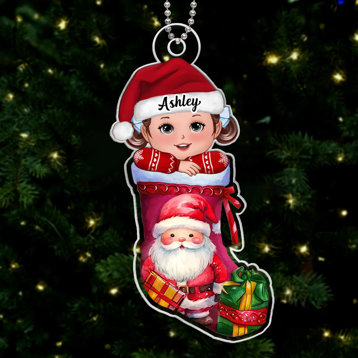Cute Kid In Christmas Stocking Personalized Acrylic Ornament, Gift For Son, Daughter, Grandson, Granddaughter, Grandchildren - Image 4