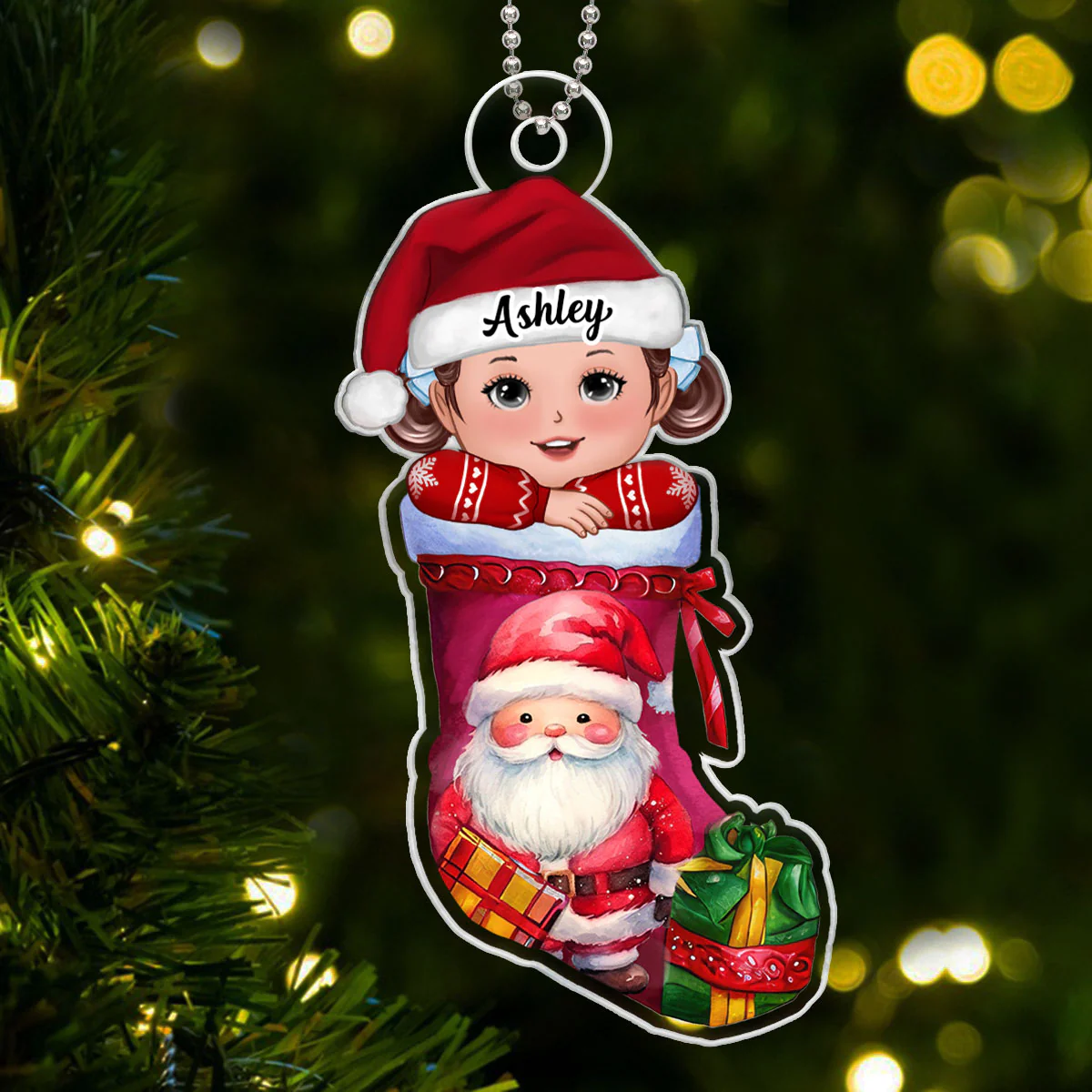 Cute Kid In Christmas Stocking Personalized Acrylic Ornament, Gift For Son, Daughter, Grandson, Granddaughter, Grandchildren - Image 5