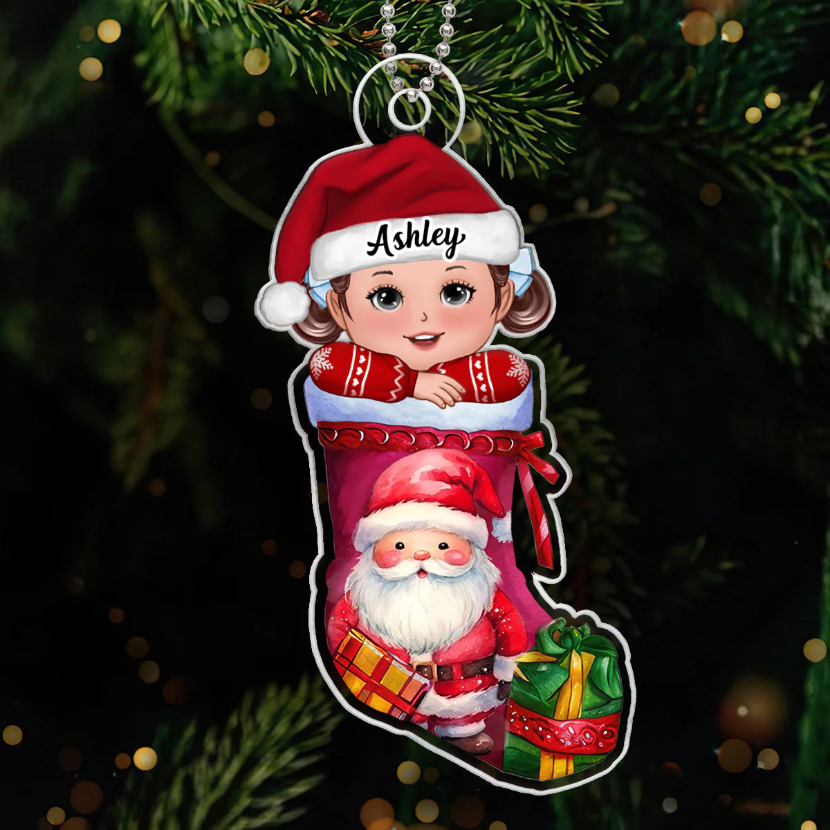 Cute Kid In Christmas Stocking Personalized Acrylic Ornament, Gift For Son, Daughter, Grandson, Granddaughter, Grandchildren - Image 6