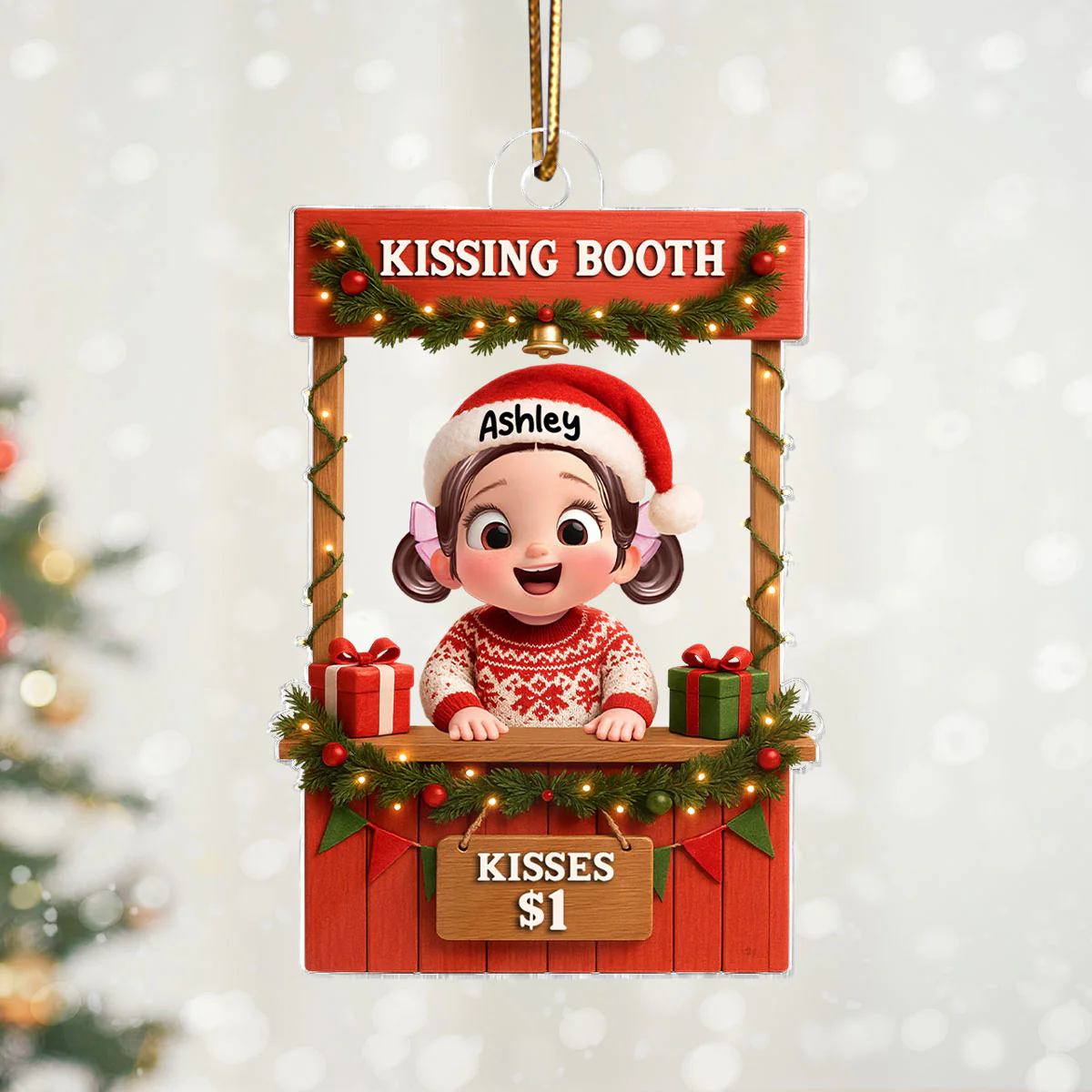 Cute Kid in Kissing Booth - Personalized Acrylic Ornament - Unique Christmas Gift for Kids, Grandkids
