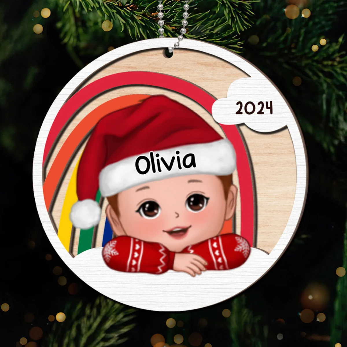 Cute Kid Rainbow Christmas Decor For Son Daughter Grandchildren Personalized 2-Layer Wooden Ornament - Image 11