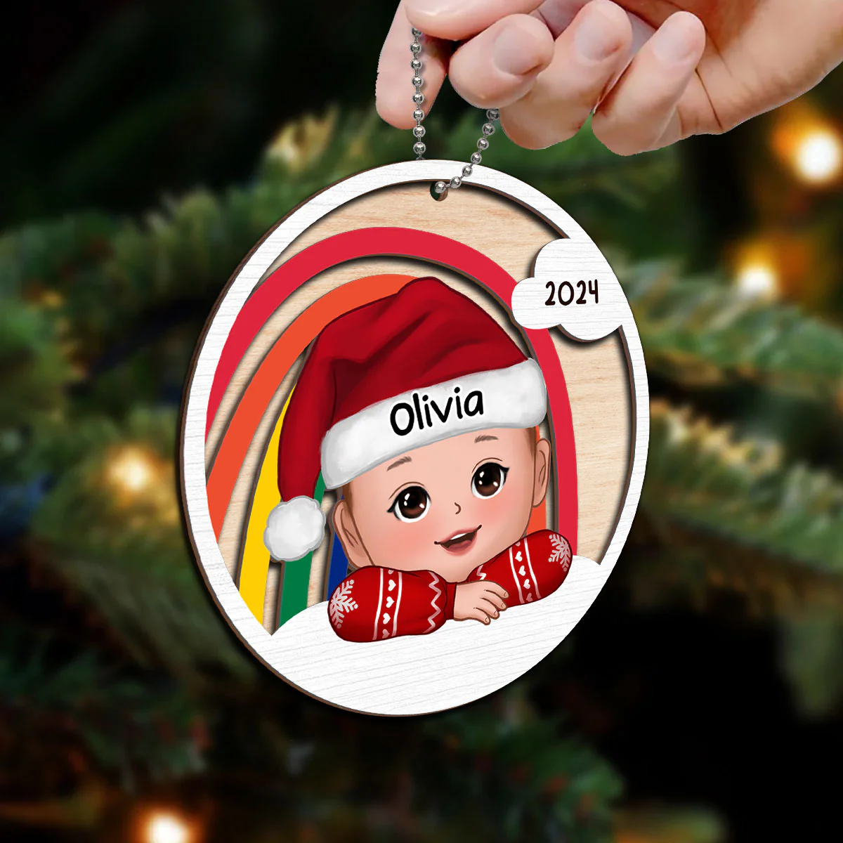 Cute Kid Rainbow Christmas Decor For Son Daughter Grandchildren Personalized 2-Layer Wooden Ornament - Image 6