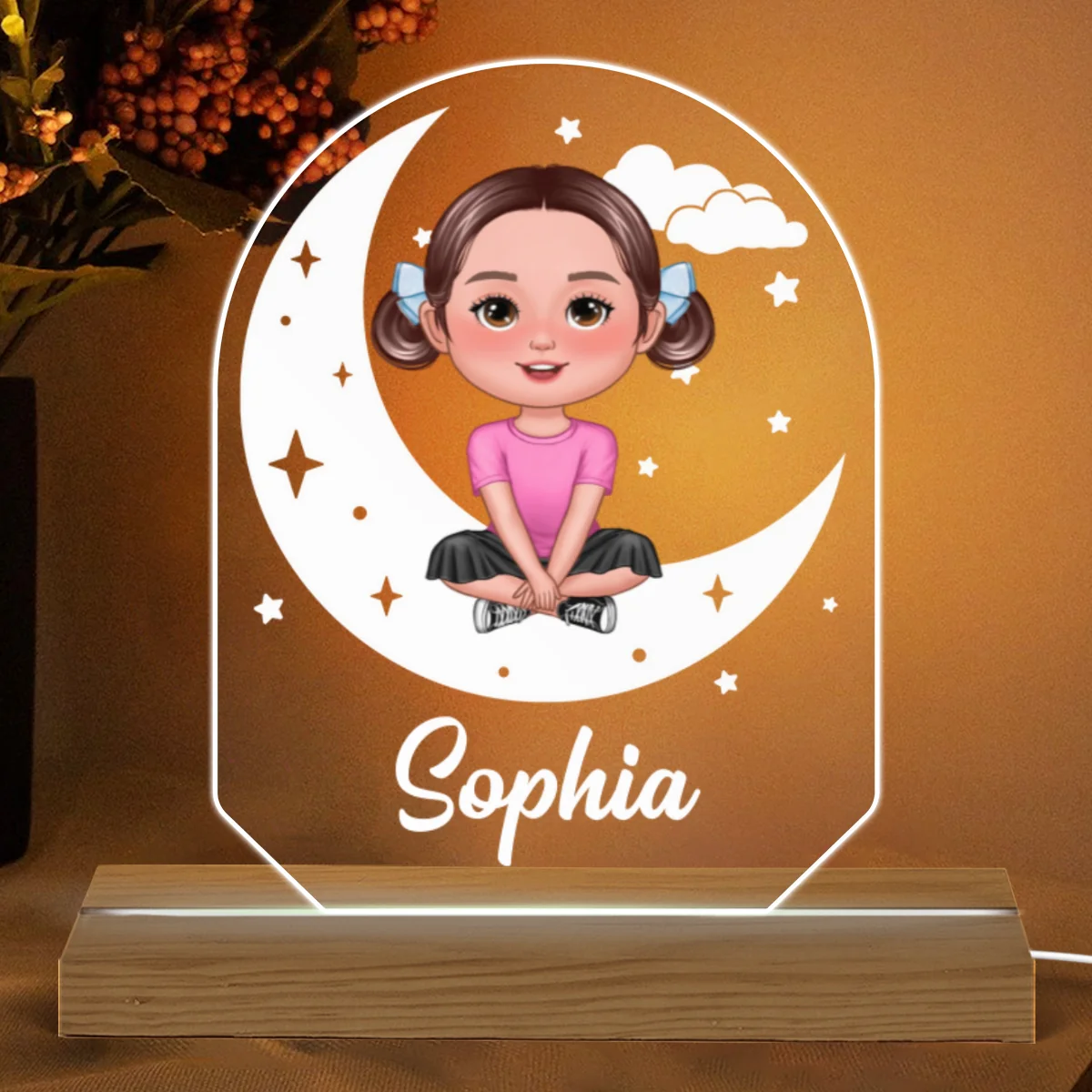 Cute Kid Sitting Crossed Legs On Moon Stars Gift For Kid Personalized Custom Shaped Acrylic Plaque With LED Night Light - Image 5