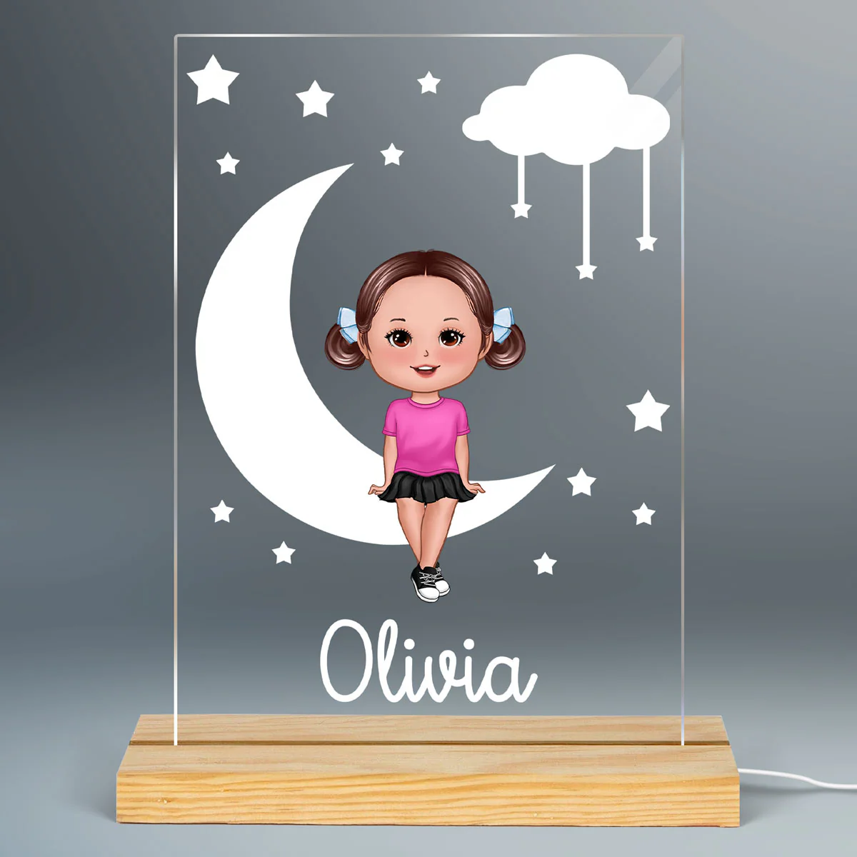 Cute Kid Sitting On Moon Nursery Decor Personalized Acrylic Plaque With LED Night Light - Gift For Grandchildren, Son, Daughter - Nursery Lamp - Image 2