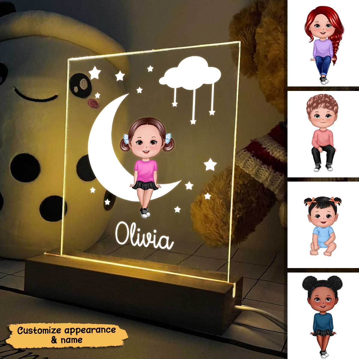 Cute Kid Sitting On Moon Nursery Decor Personalized Acrylic Plaque With LED Night Light - Gift For Grandchildren, Son, Daughter - Nursery Lamp - Image 3