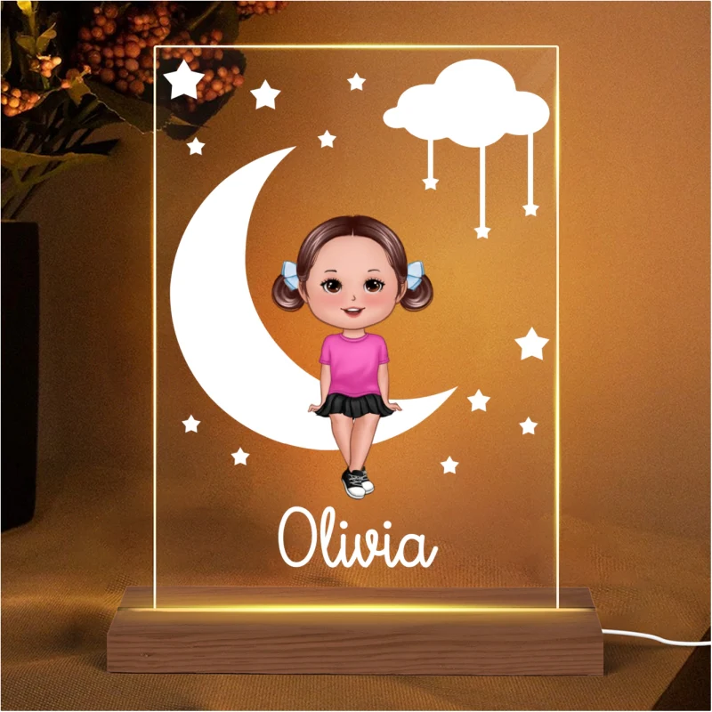 Cute Kid Sitting On Moon Nursery Decor Personalized Acrylic Plaque With LED Night Light - Gift For Grandchildren, Son, Daughter - Nursery Lamp - Image 4