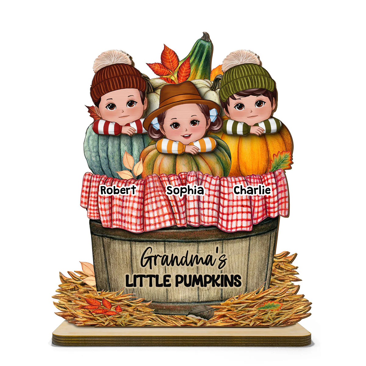 Cute Kids Grandma's Pumpkin Fall Season Personalized 2 Layer Standing Wooden Plaque - Image 2