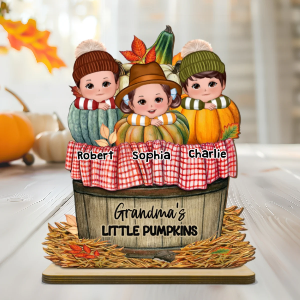 Cute Kids Grandma's Pumpkin Fall Season Personalized 2 Layer Standing Wooden Plaque - Image 8
