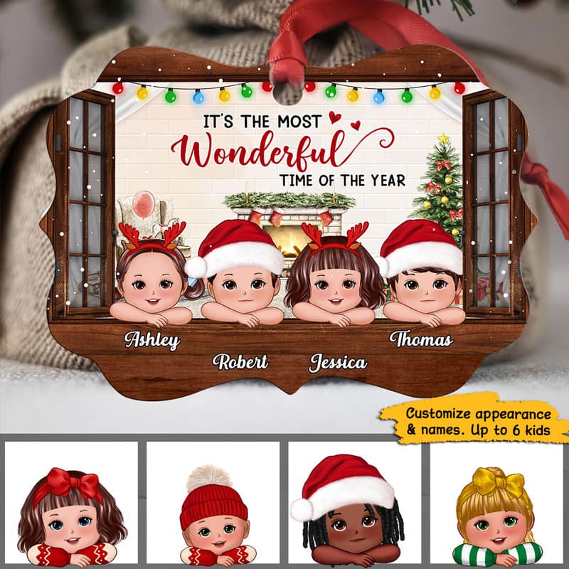 Cute Kids Looking Outside Window Personalized Christmas Ornament - Image 2