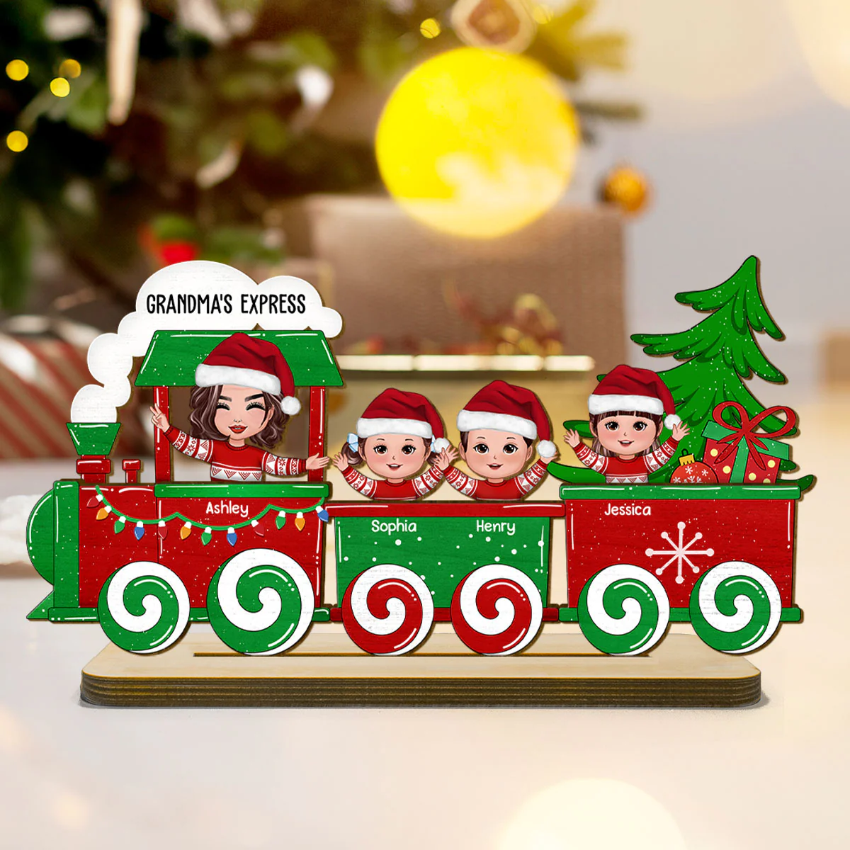 Cute Kids On Christmas Train Personalized 2-Layer Standing Wooden Plaque - Image 2