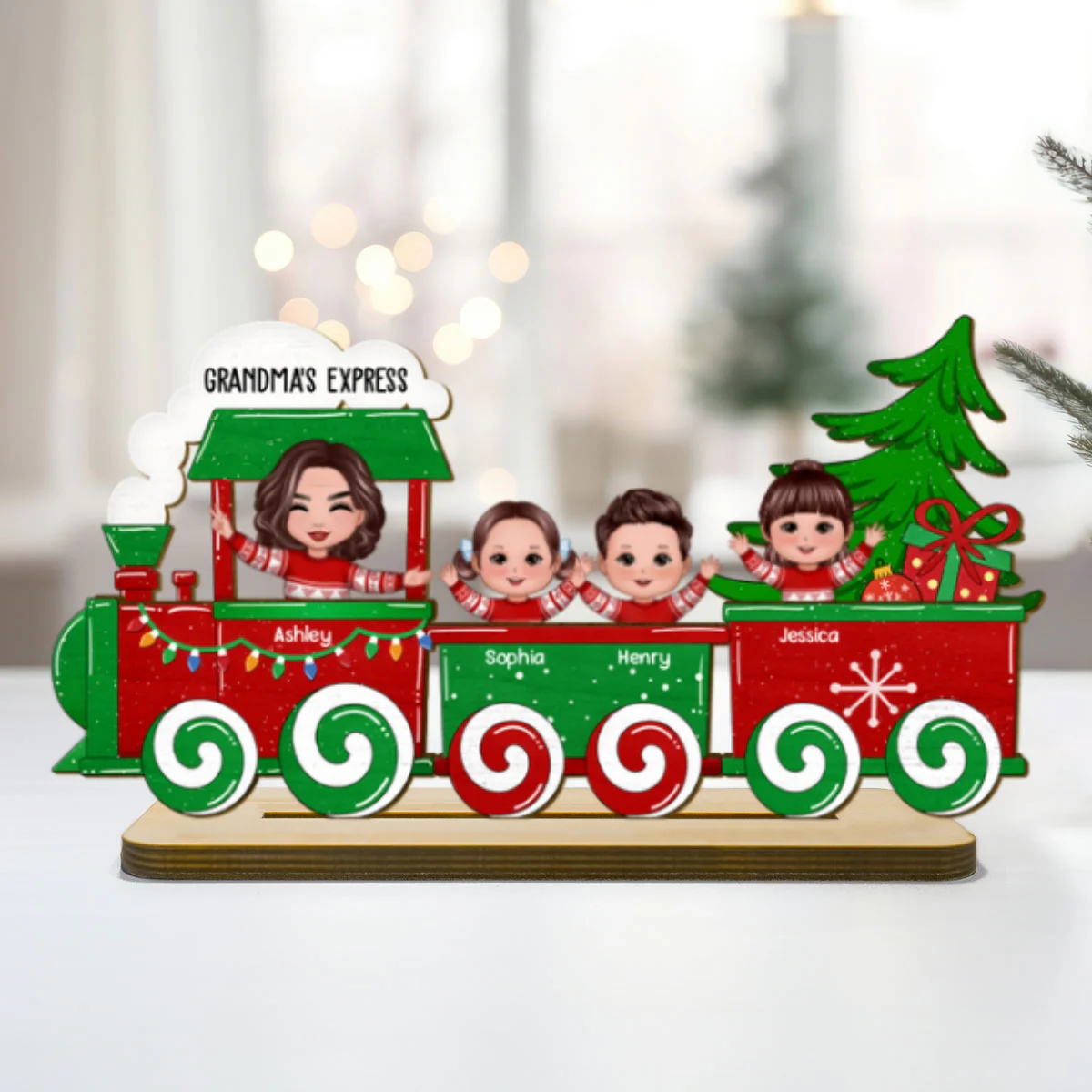 Cute Kids On Christmas Train Personalized 2-Layer Standing Wooden Plaque - Image 9