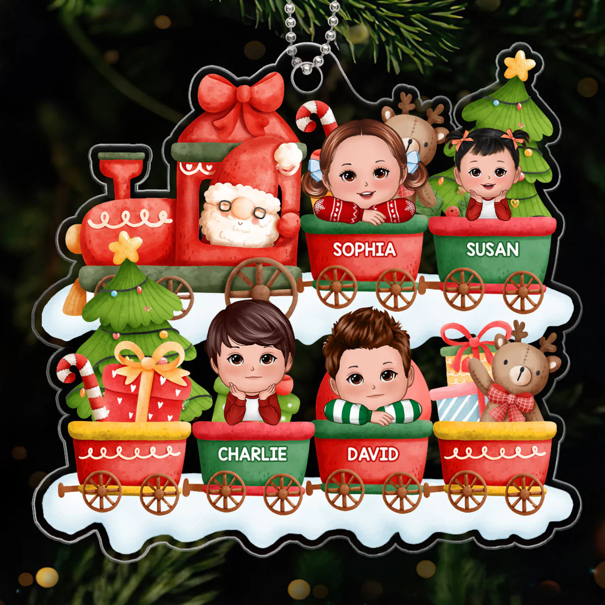 Cute Kids Peeking On Christmas Train Personalized Acrylic Ornament