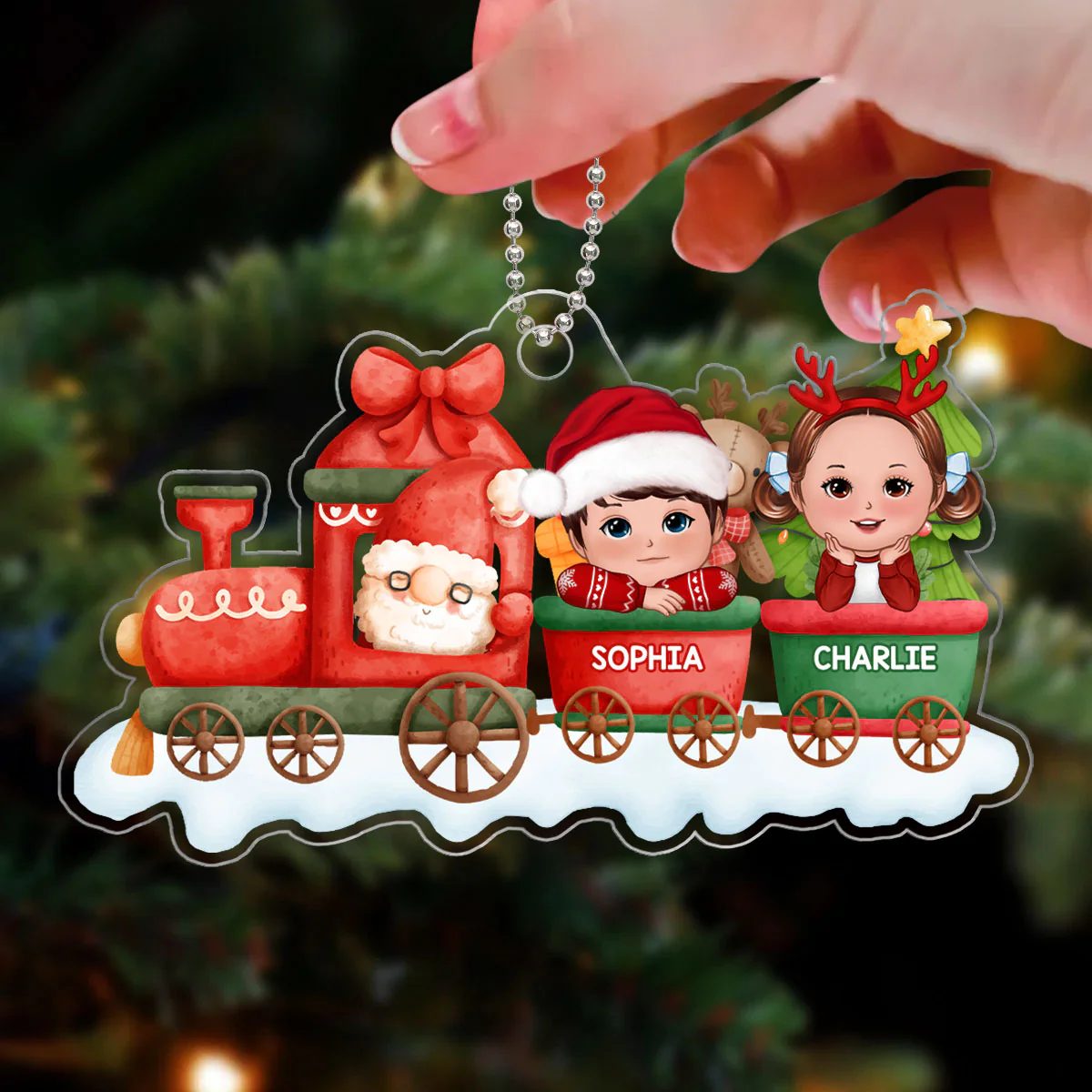 Cute Kids Peeking On Christmas Train Personalized Acrylic Ornament - Image 3