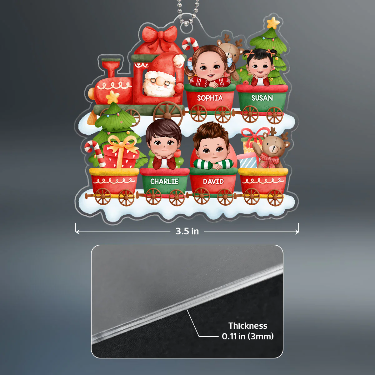 Cute Kids Peeking On Christmas Train Personalized Acrylic Ornament - Image 4