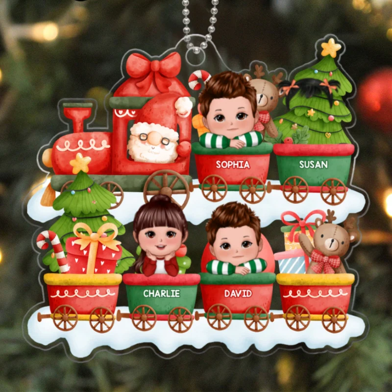 Cute Kids Peeking On Christmas Train Personalized Acrylic Ornament - Image 5