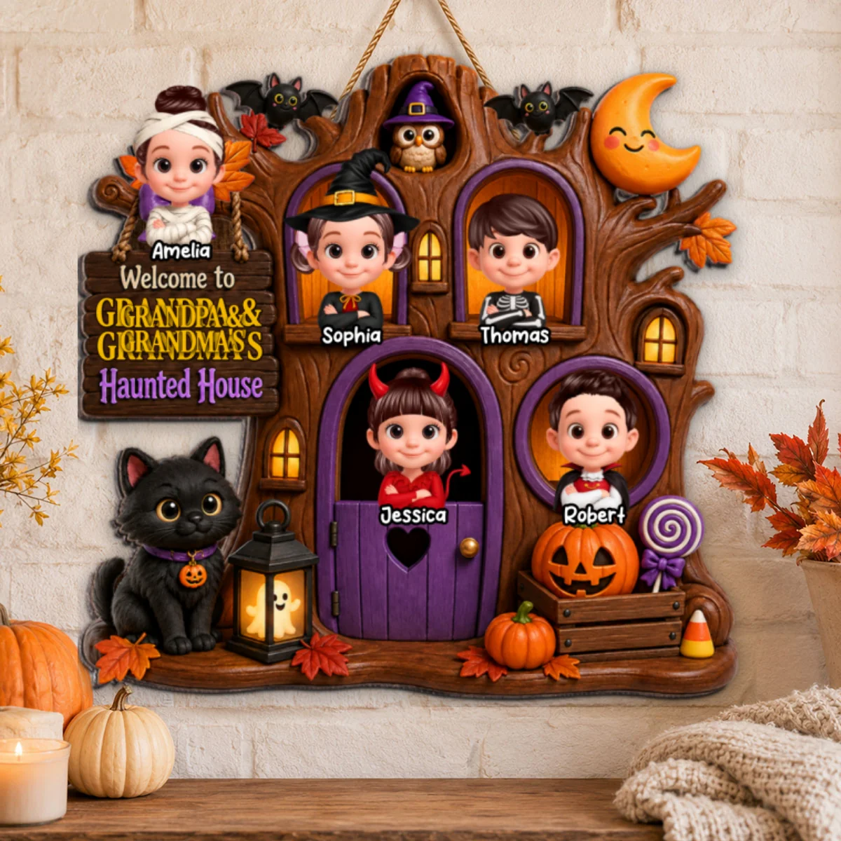 Cute Kids Welcome To Grandma Grandpa Haunted House - Personalized Wood Sign - Halloween Decoration For Grandparents - Image 10