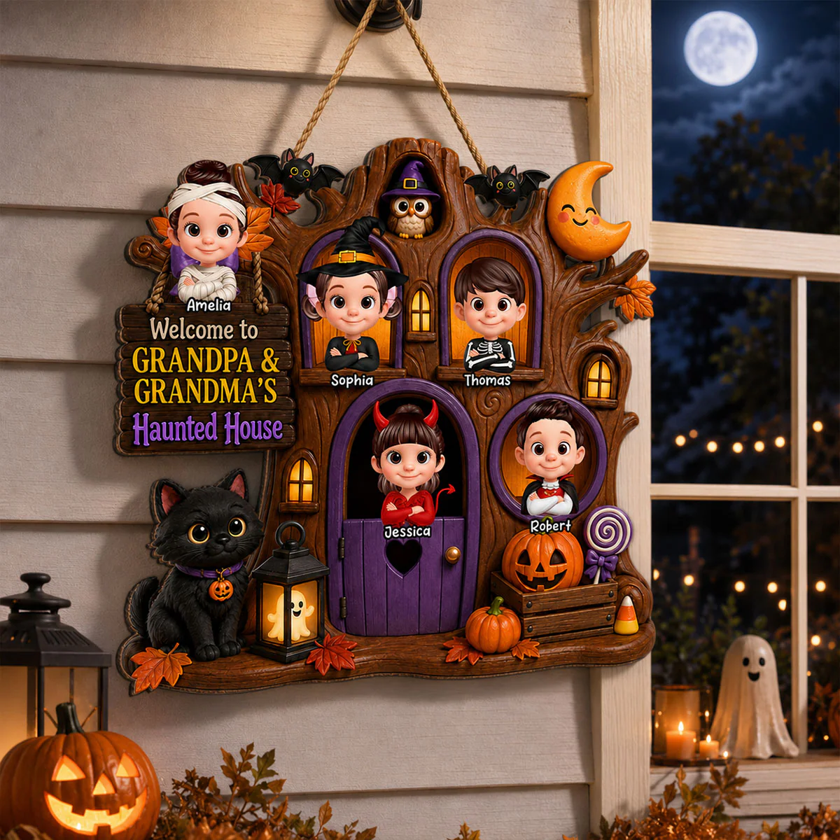 Cute Kids Welcome To Grandma Grandpa Haunted House - Personalized Wood Sign - Halloween Decoration For Grandparents - Image 6