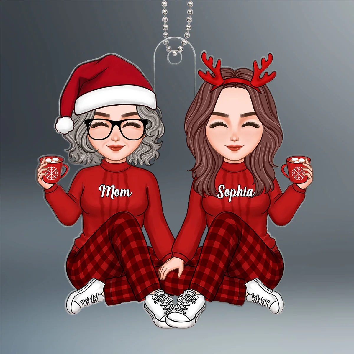 Cute Mom Daughter Sitting Personalized Acrylic Car Hanging Ornament - Image 2