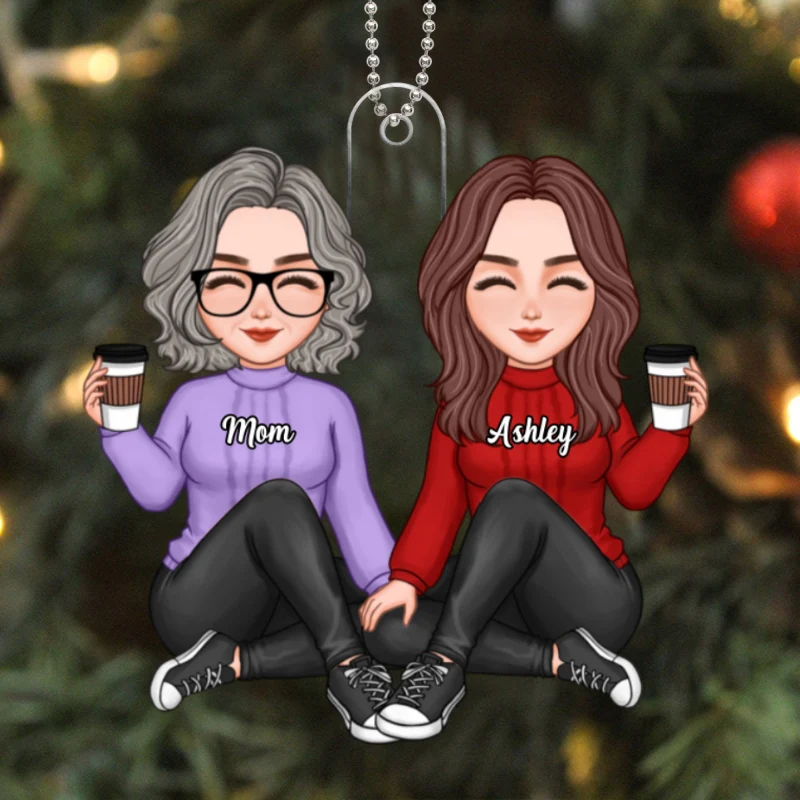 Cute Mom Daughter Sitting Personalized Acrylic Car Hanging Ornament - Image 4