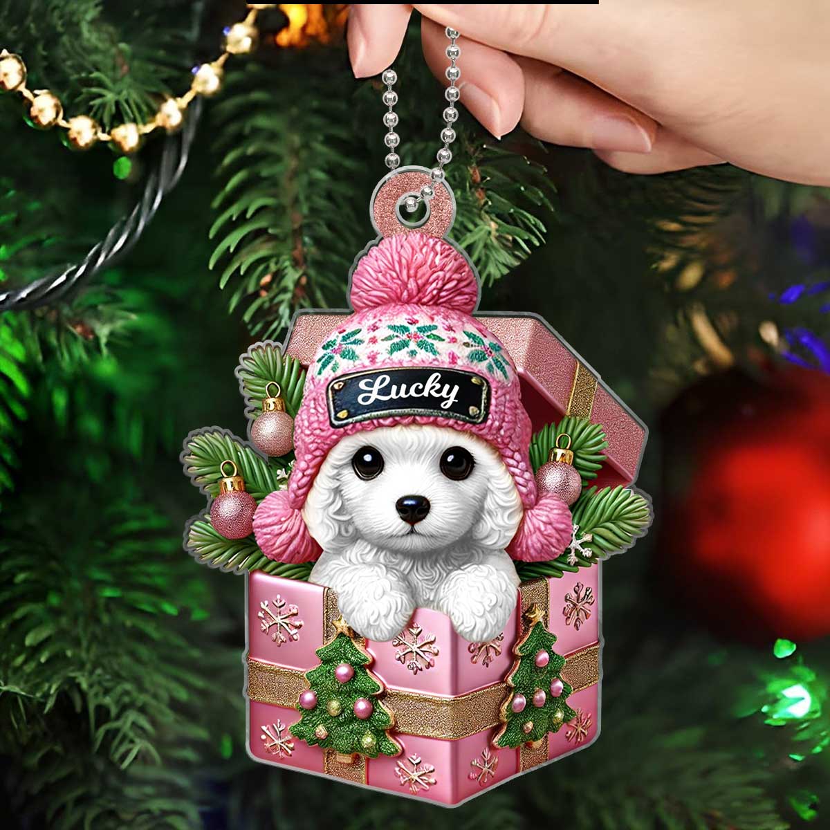 Cute Poodle Dog Inside Gift Box Personalized 2D Flat Acrylic Ornament, Christmas Gift for Dog Lovers - Image 2