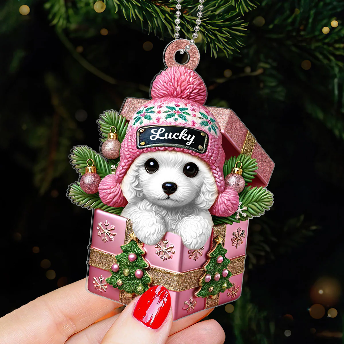 Cute Poodle Dog Inside Gift Box Personalized 2D Flat Acrylic Ornament, Christmas Gift for Dog Lovers - Image 4