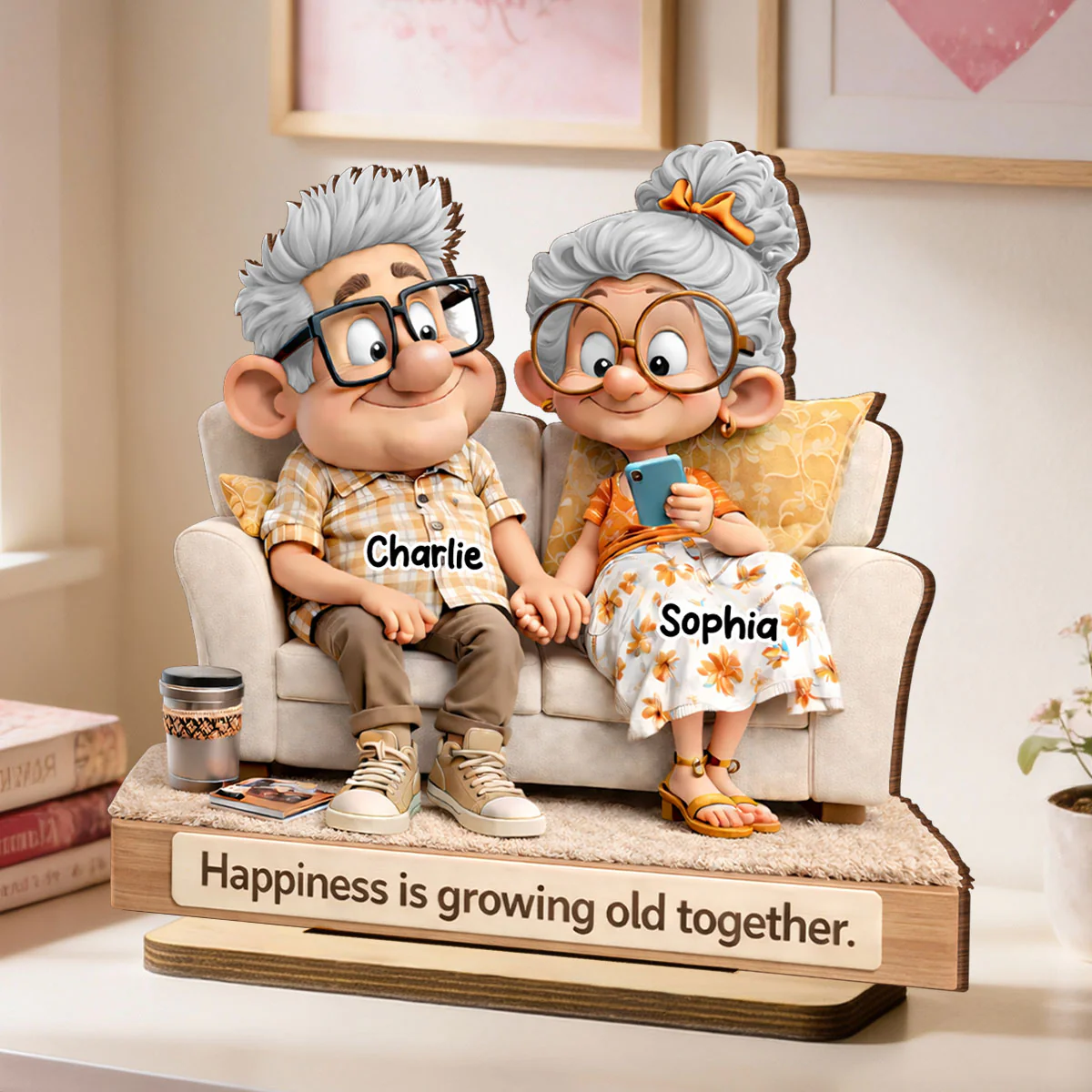 Cute Senior Couple On Couch - Personalized 2-Layered Wooden Plaque - Heartfelt Anniversary, Valentine's Day Gift, Gift For Him, Gift For Her - Image 2