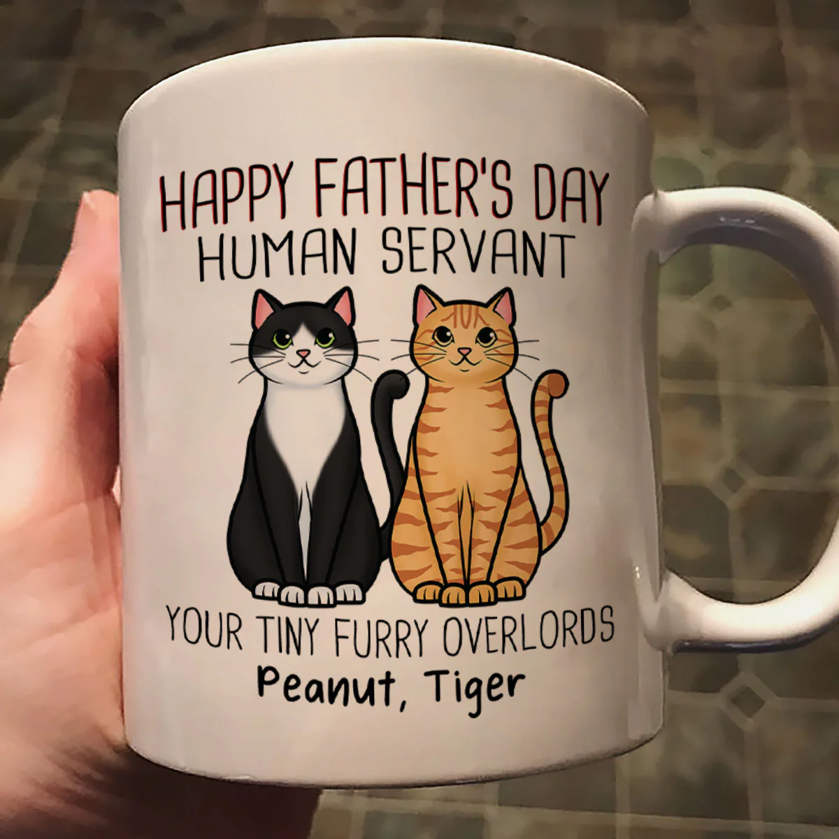 Cute Sitting Cats Happy Father‘s Day Human Servant Personalized Mug - Image 2